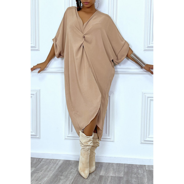 Robe tunique oversize camel col v détail froncé - 2