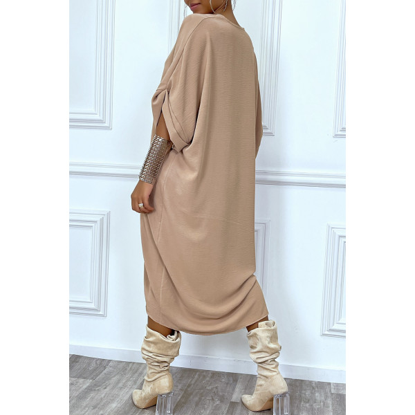 Robe tunique oversize camel col v détail froncé - 4