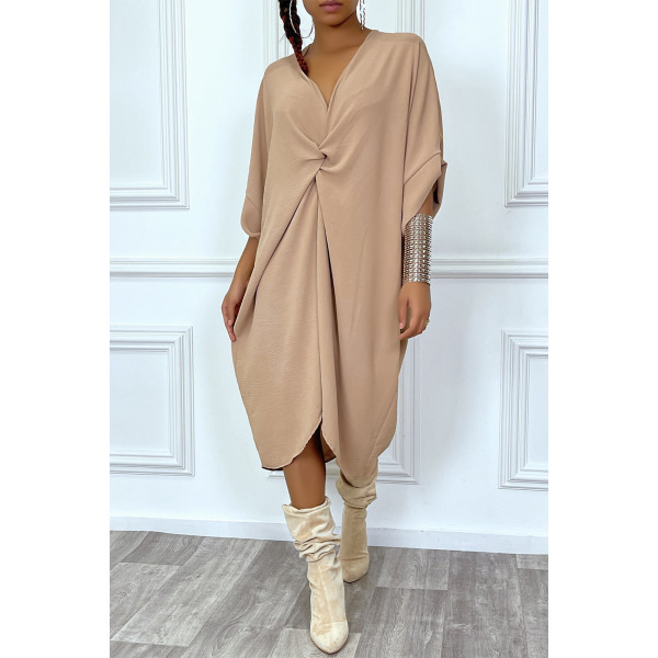 Robe tunique oversize camel col v détail froncé - 6