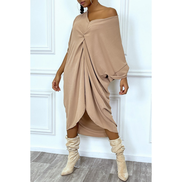 Robe tunique oversize camel col v détail froncé - 7