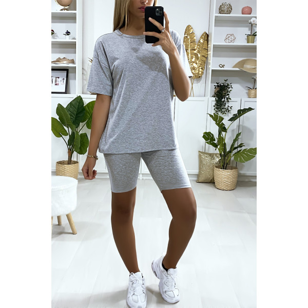 Ensemble short et t-shirt over size gris très fashion - 2