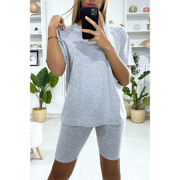 Ensemble short et t-shirt over size gris très fashion - 3