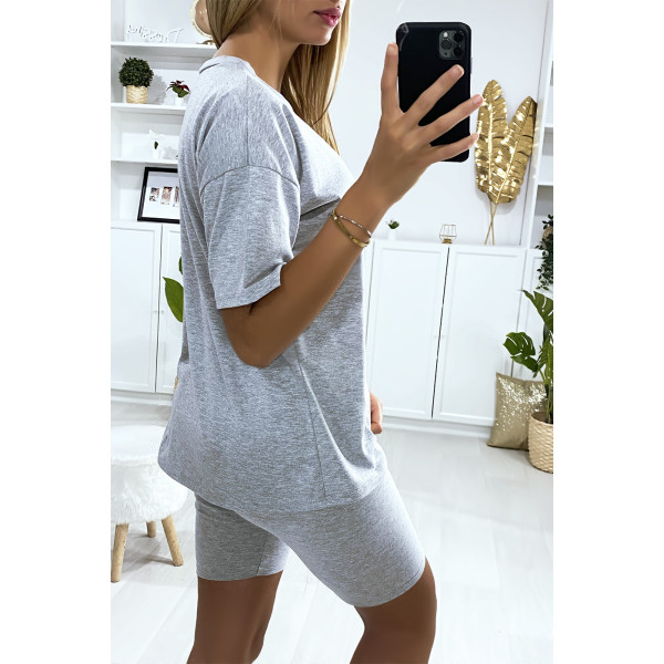 Ensemble short et t-shirt over size gris très fashion - 5