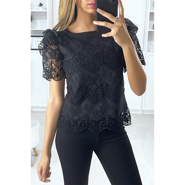 Blouse en dentelle noir avec manches bouffante à volants et noeud - 1