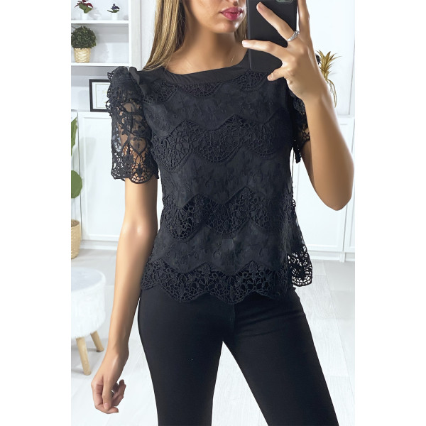 Blouse en dentelle noir avec manches bouffante à volants et noeud - 2