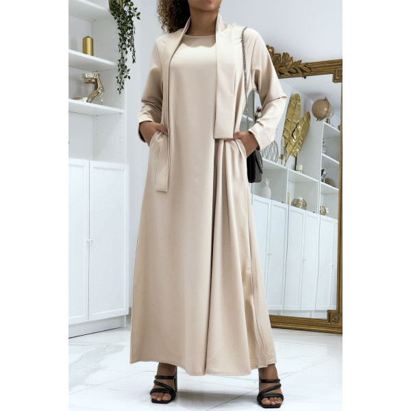 Longue abaya beige avec poches et ceinture - 2