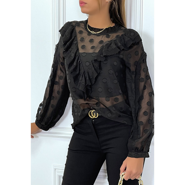 Blouse noire à volant et pois col claudine - 3