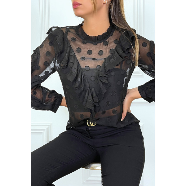 Blouse noire à volant et pois col claudine - 5