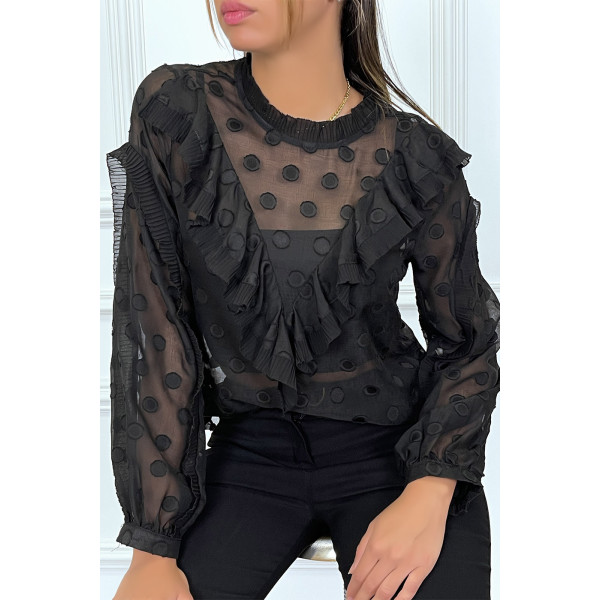 Blouse noire à volant et pois col claudine - 6