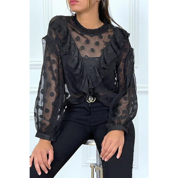 Blouse noire à volant et pois col claudine - 7