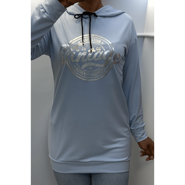 Sweat à capuche turquoise avec écriture VINTAGE à l'avant - 3