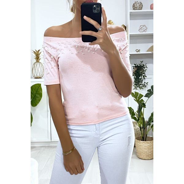 T-shirt rose col bateau avec perles - 1