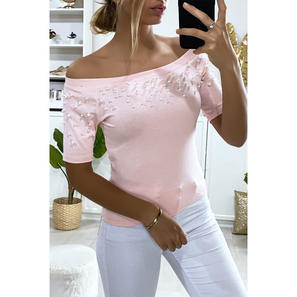 T-shirt rose col bateau avec perles - 3