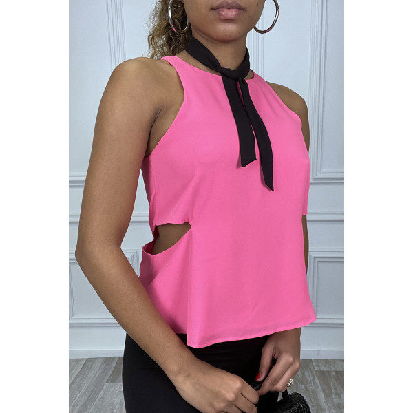 Blouse fuchsia sans manches en crêpe et ouverture sur les côtés - 3