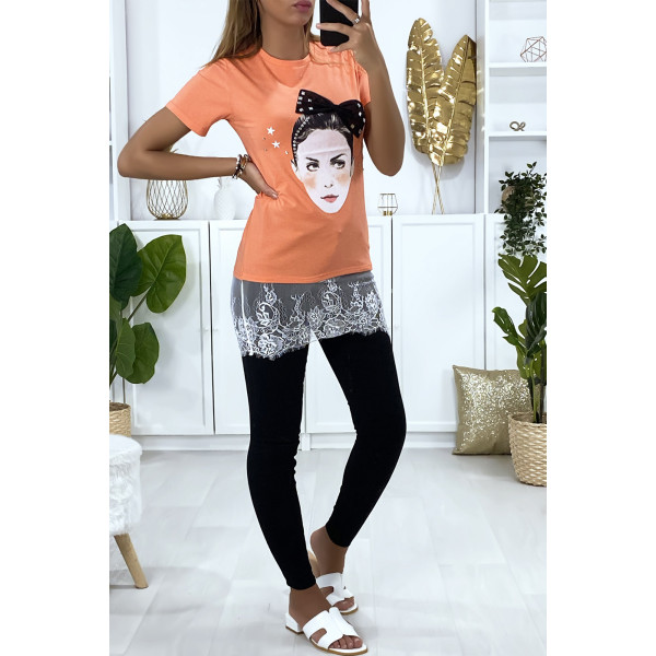 T-shirt corail avec dessin strass et dentelle - 2