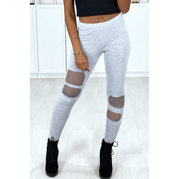 Legging gris en coton déchiré à l'avant avec résille à l'intérieur - 2