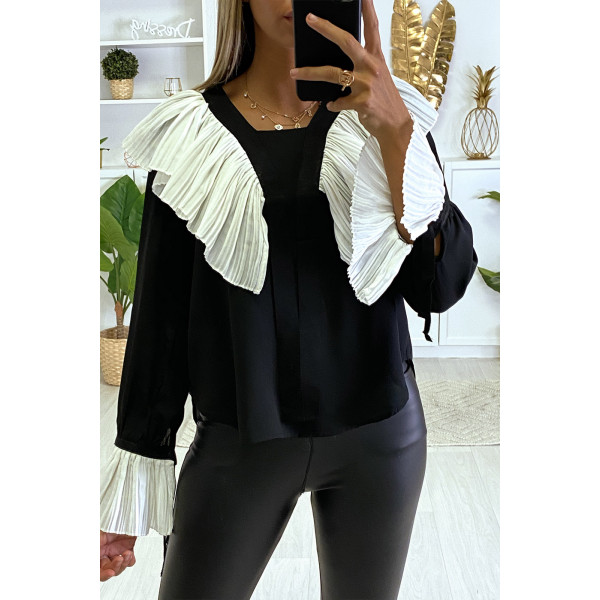 Blouse en crêpe noir avec volant plissé en blanc - 1