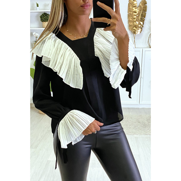 Blouse en crêpe noir avec volant plissé en blanc - 2