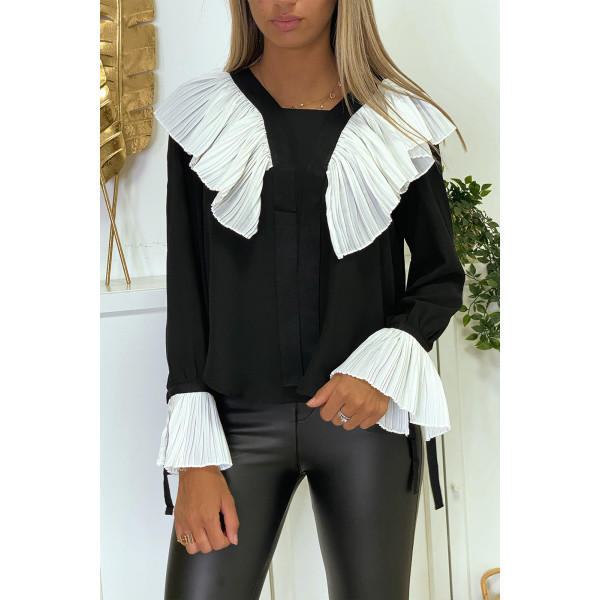 Blouse en crêpe noir avec volant plissé en blanc - 3