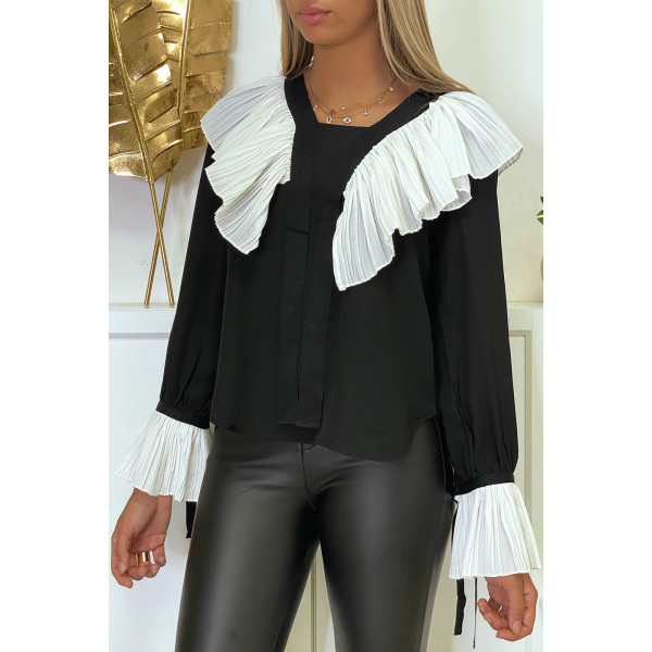 Blouse en crêpe noir avec volant plissé en blanc - 5