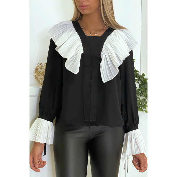 Blouse en crêpe noir avec volant plissé en blanc - 6