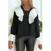 Blouse en crêpe noir avec volant plissé en blanc - 6