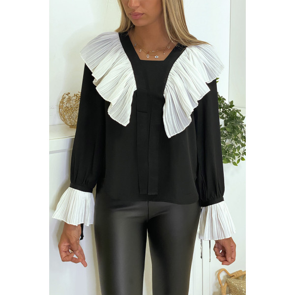 Blouse en crêpe noir avec volant plissé en blanc - 7