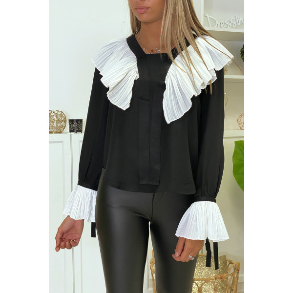 Blouse en crêpe noir avec volant plissé en blanc - 8