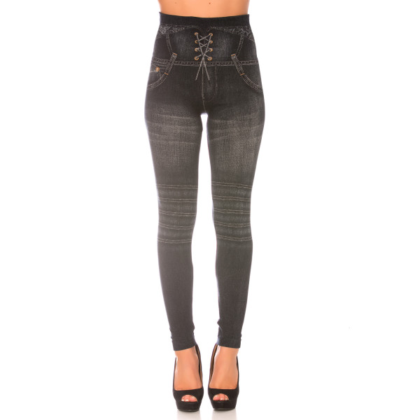 Leggings minceur noir style jeans taille haute et effet lien croisé. Effet Push-Up - 1