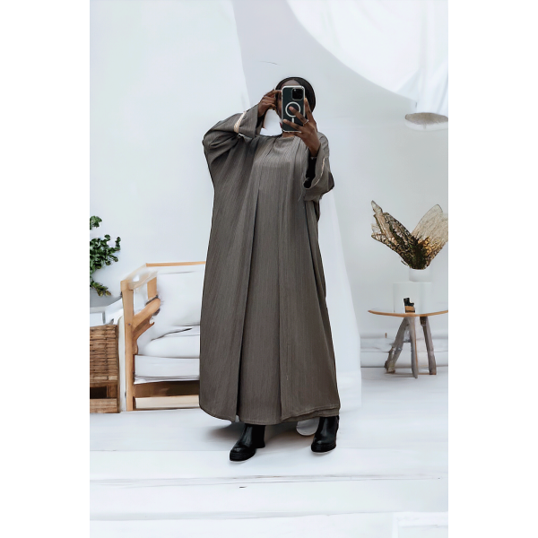 Abaya 2 pièces robe et kimono taupe très class - 3