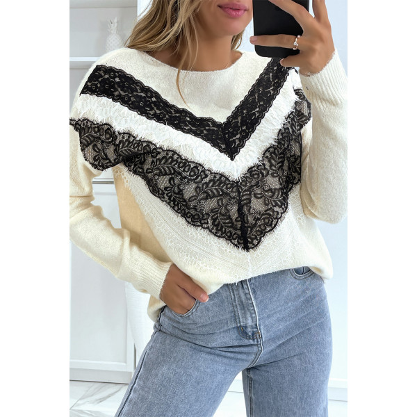 Pull beige tout doux à col rond et motif dentelle - 1