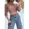 Crop top rose manches longues à froufrous - 1