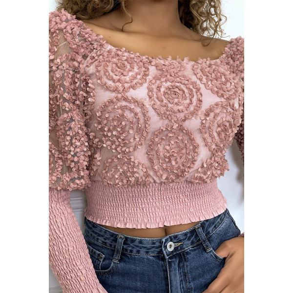 Crop top rose manches longues à froufrous - 2