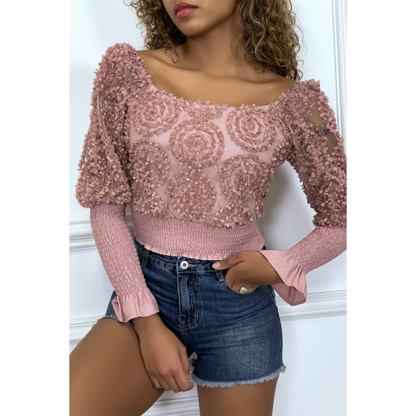 Crop top rose manches longues à froufrous - 4