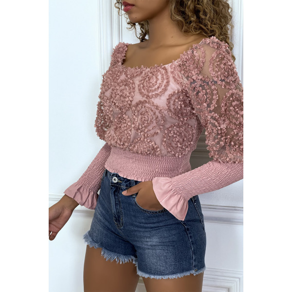 Crop top rose manches longues à froufrous - 5