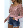 Crop top rose manches longues à froufrous - 5