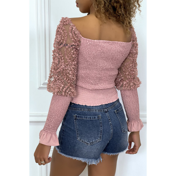 Crop top rose manches longues à froufrous - 6