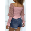 Crop top rose manches longues à froufrous - 6