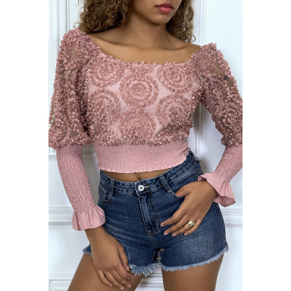 Crop top rose manches longues à froufrous - 7