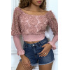 Crop top rose manches longues à froufrous - 7