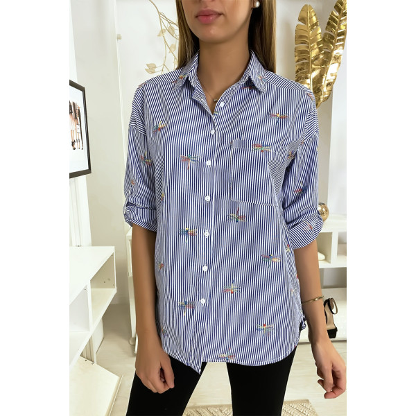 Chemise rayée marine avec détails libellules cousues - 1