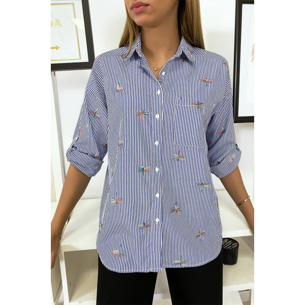 Chemise rayée marine avec détails libellules cousues - 3