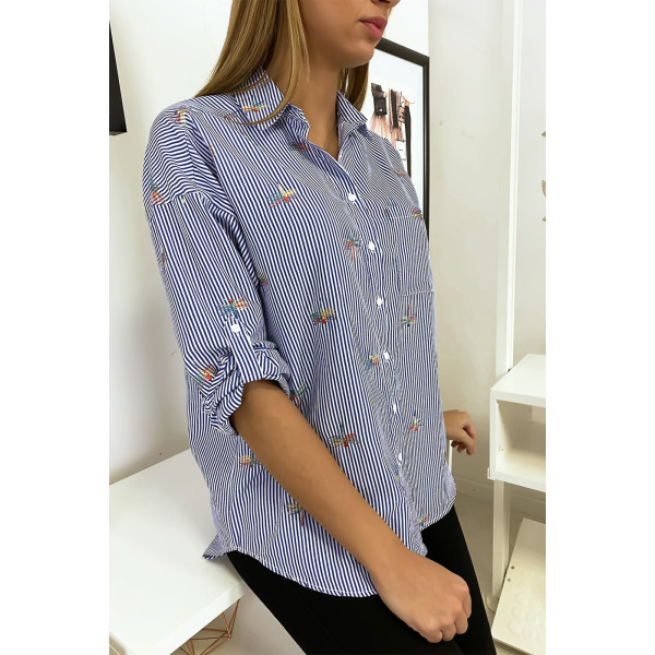 Chemise rayée marine avec détails libellules cousues - 5