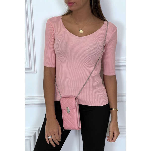 Haut col V en maille côtelé rose. Top femme pas cher - 2