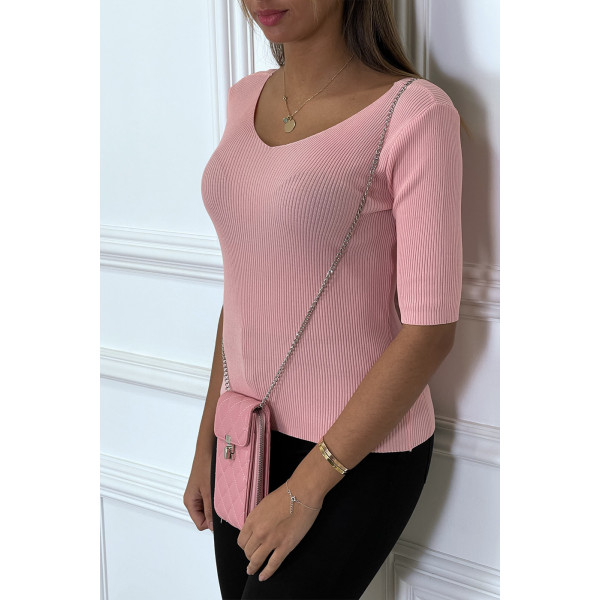 Haut col V en maille côtelé rose. Top femme pas cher - 3