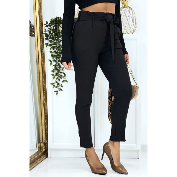 Pantalon cigarette noir avec poches et ceinture - 3