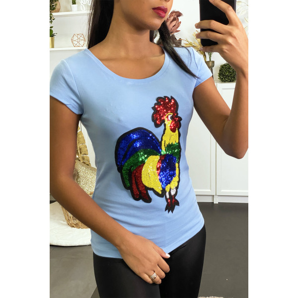 T-shirt bleu avec motif coq en strass - 1