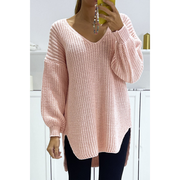 Pull rose asymétrique en tricot à col v et manches bouffantes, ultra doux - 1