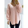 Pull rose asymétrique en tricot à col v et manches bouffantes, ultra doux - 1