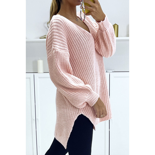 Pull rose asymétrique en tricot à col v et manches bouffantes, ultra doux - 3